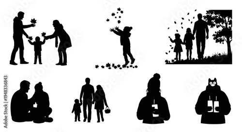 Autumn Family Silhouettes: People Enjoying Fall Leaves in Black and White