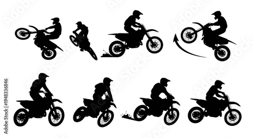 Motocross rider silhouette set, action poses, black and white vector graphics