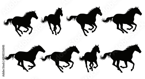 Black Silhouette Horses Running Galloping Herd Vector Art