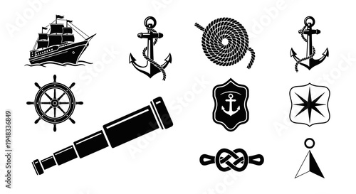Nautical Icons: Ship, Anchor, Rope, Telescope, Compass, Wheel, Knot, Buoy