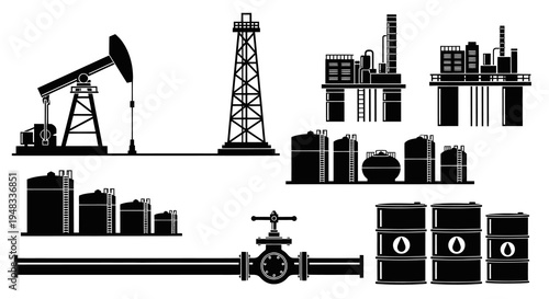 Oil Industry Icons: Pumpjack, Refinery, Tanks, Pipeline, Barrels