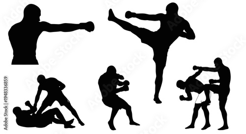Black  White Silhouettes of Martial Artists Fighting in Various Poses