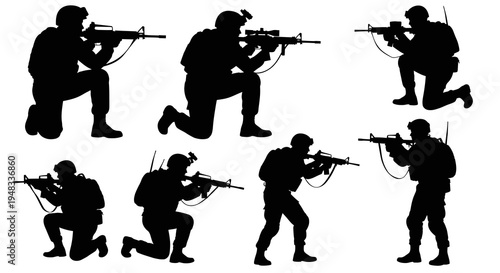Silhouette Soldiers with Rifles, Military Combat Poses, Vector Art