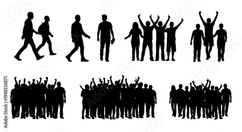 Silhouette of People Cheering, Walking, and Standing: Diverse Group Actions