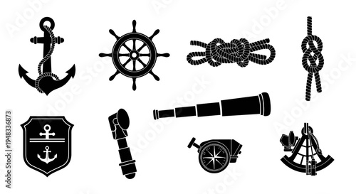Nautical Vector Icons: Anchor, Ship Wheel, Rope Knots, Telescope, Compass, Sextant