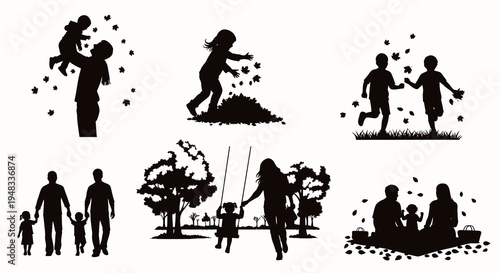 Autumn Family Silhouettes: Parents and Children Playing Outdoors in Fall