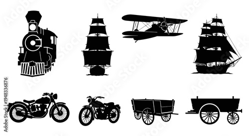 Vintage Transportation Icons: Train, Ship, Plane, Motorcycle, Cart - Black Silhouette