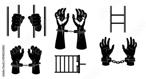 Black and White Illustrations of Hands and Prison Bars, Handcuffs