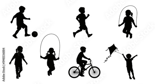 Children Silhouettes: Playing Football, Jumping Rope, Cycling, Flying Kite