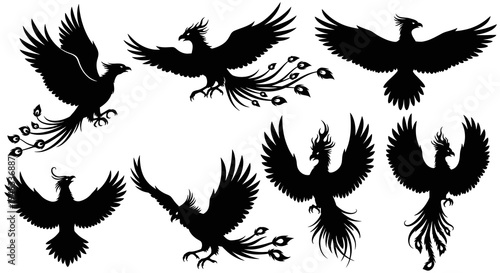 Black Phoenix Silhouettes Collection - Mythological Bird Vector Art