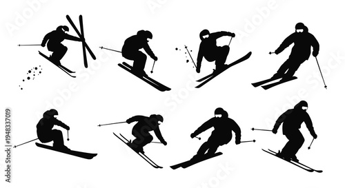 Black and White Silhouette Skiers in Various Action Poses, Sports Illustration