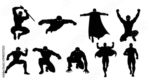 Superhero Silhouette Poses Vector Art - Action, Dynamic, Hero