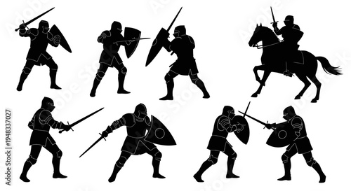 Medieval Knights Fighting With Swords and Shields, Black Silhouette Vector