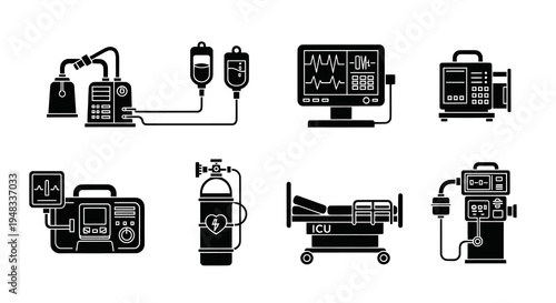 Medical Equipment Icons: Ventilator, IV Drip, Monitor, Bed, ICU Glyph Set