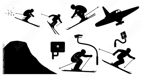 Black and White Skiing Icons: Snowboarding, Airplane, Ski Lift, Mountain