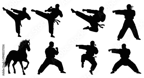 Silhouette set of martial arts fighters and horse in black and white