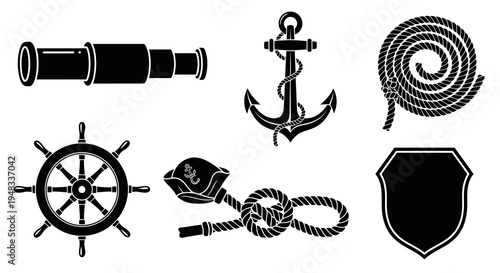 Nautical Black  White Vector Icons: Spyglass, Anchor, Wheel, Rope, Shield