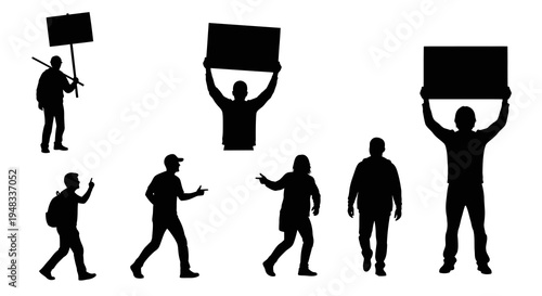 Silhouette of Protesters Holding Signs, Activism, Black  White Graphic