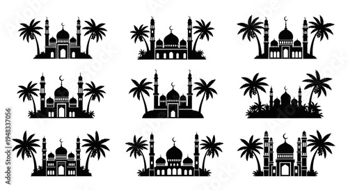Islamic mosque with palm trees, black and white vector silhouette, cultural icon