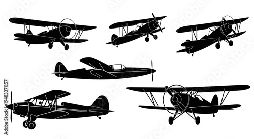 Vintage Biplane Silhouettes Collection Black and White Vector Art