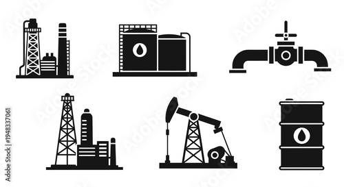 Black  White Glyph Icons of Oil and Gas Industry Equipment
