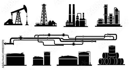 Oil and Gas Industry Silhouettes: Pump Jack, Rig, Refinery, Pipes, Tanks, Drums