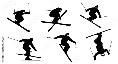 Black and white silhouettes of skiers performing freestyle ski tricks