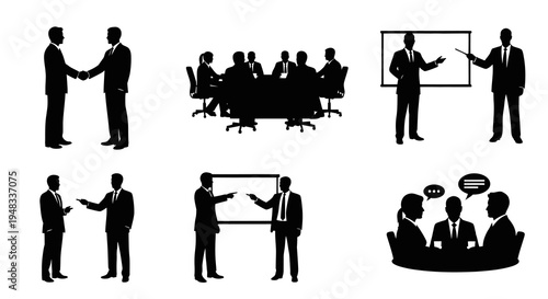 Business Meeting Silhouettes: Handshake, Presentation, Discussion, Teamwork