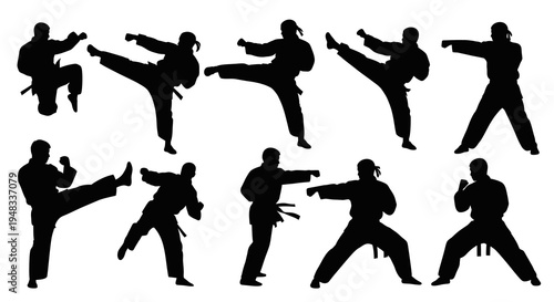 Black Silhouette Karate Fighters Poses Set