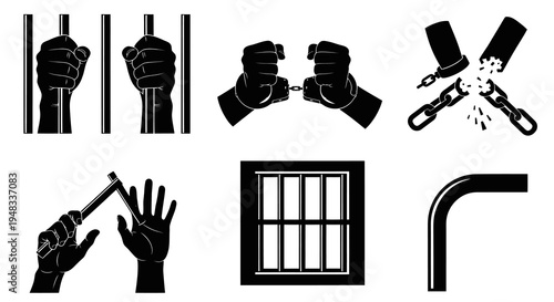 Black and White Icons Representing Freedom, Incarceration, and Escape