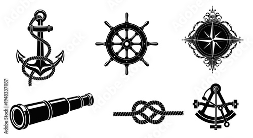 Nautical Icons Set: Anchor, Wheel, Compass, Spyglass, Knot, Sextant, Black  White