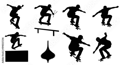 Black  White Silhouette of Skateboarder Doing Tricks, Action Sports