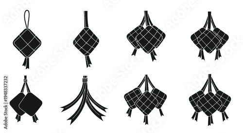 Ramadan Ketupat icon set, Islamic food, Black and white glyphs