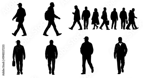 Silhouette of people walking, diverse group, business and leisure, vector