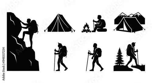 Black  White Vector Icons of Backpackers and Camping Gear
