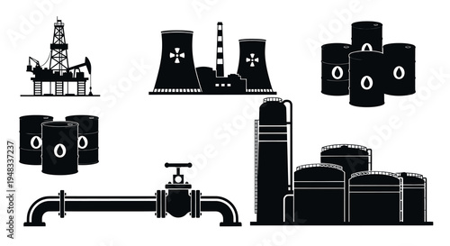 Industrial Power Plant Silhouettes: Oil Rig, Cooling Towers, Tanks, Pipe