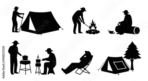 Camping Silhouettes: Tents, Campfire, Cooking, Relaxation, Outdoor Activity