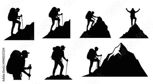 Silhouette climbers on mountains, extreme sports, adventure, vector art