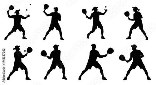 Sports Silhouette Icons: Tennis Player Padel Racket Action Poses Vector
