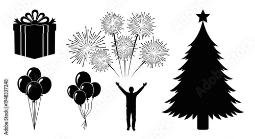 Black Silhouette Christmas Tree, Gift, Fireworks, Balloons, Celebration
