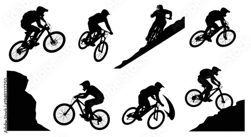 Black  White Silhouette of Mountain Bikers on White Background