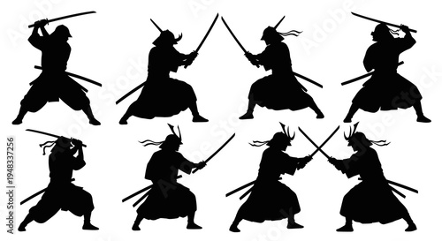 Silhouette Samurai Warriors Fighting with Swords Black and White Vector Art