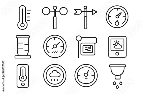 Collection of linear weather icons representing meteorological measurements