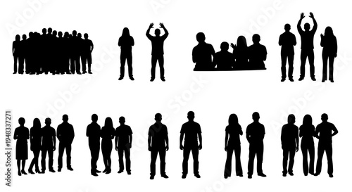 Black and White Silhouette Crowd of People Group Icon Vector