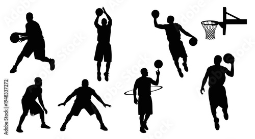 Basketball player silhouettes set, dunking, shooting, dribbling, sports vector art