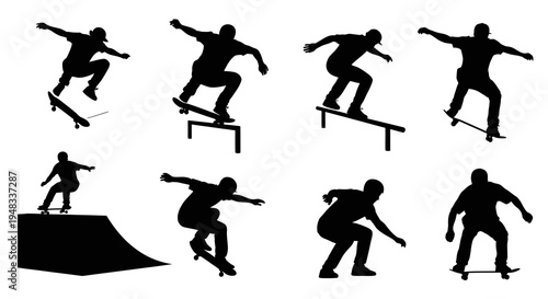 Black and White Silhouette Skateboarder Performing Tricks on White Background