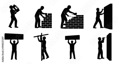 Construction Workers Building and Working with Tools Black and White Silhouettes