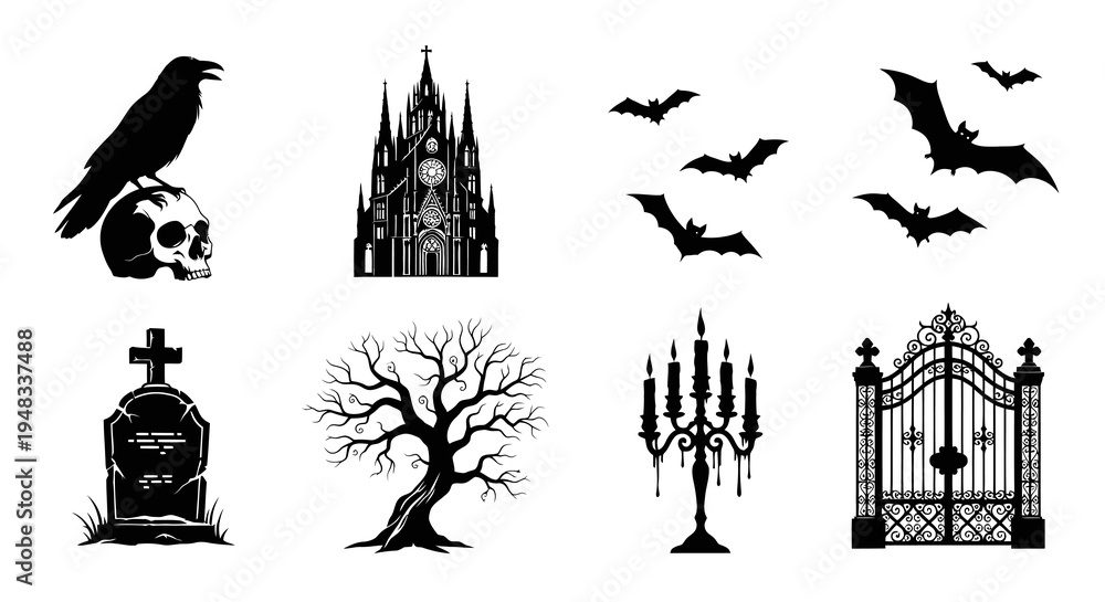 Fototapeta premium Black and White Gothic Halloween Vector Icons: Raven, Skull, Church, Bats, Tree, Gate