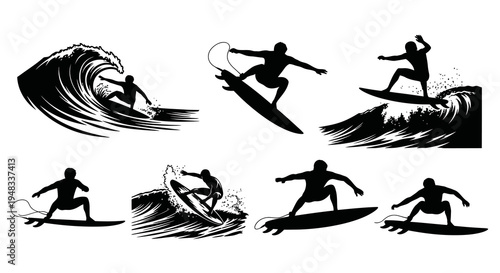 Silhouette of Surfers Riding Waves, Action Sports Vector Art