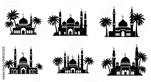 Black  White Mosque Silhouettes with Palm Trees, Islamic Architecture